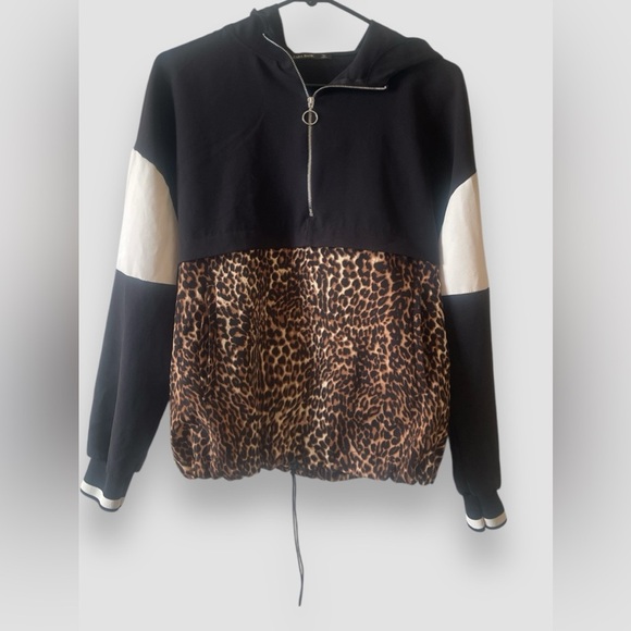 Zara Basic Black Leopard Print Color Block Lightweight Hoodie Sweatshirt XS - Picture 2 of 8